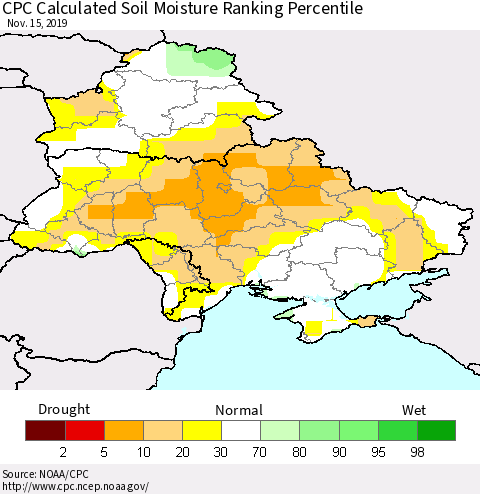 Ukraine, Moldova and Belarus CPC Calculated Soil Moisture Ranking Percentile Thematic Map For 11/11/2019 - 11/15/2019