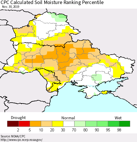 Ukraine, Moldova and Belarus CPC Calculated Soil Moisture Ranking Percentile Thematic Map For 11/26/2019 - 11/30/2019
