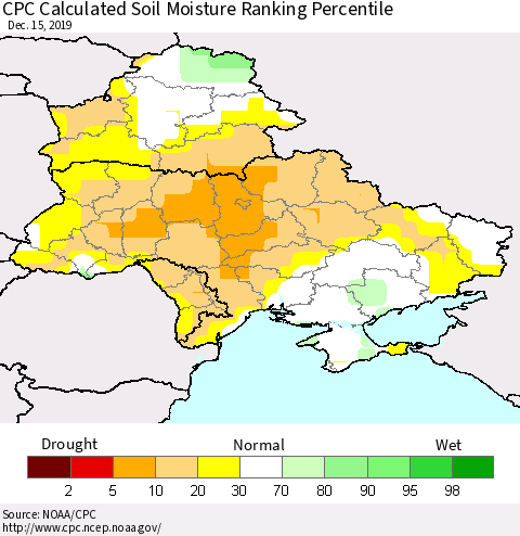Ukraine, Moldova and Belarus CPC Soil Moisture Ranking Percentile (Leaky Bucket) Thematic Map For 12/11/2019 - 12/15/2019
