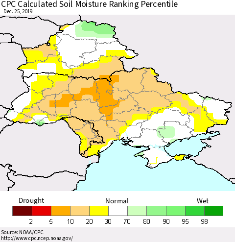 Ukraine, Moldova and Belarus CPC Calculated Soil Moisture Ranking Percentile Thematic Map For 12/21/2019 - 12/25/2019