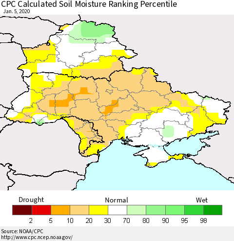Ukraine, Moldova and Belarus CPC Calculated Soil Moisture Ranking Percentile Thematic Map For 1/1/2020 - 1/5/2020