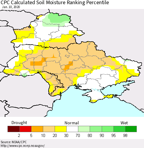 Ukraine, Moldova and Belarus CPC Calculated Soil Moisture Ranking Percentile Thematic Map For 1/6/2020 - 1/10/2020