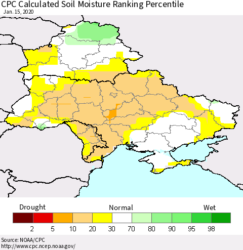 Ukraine, Moldova and Belarus CPC Soil Moisture Ranking Percentile (Leaky Bucket) Thematic Map For 1/11/2020 - 1/15/2020