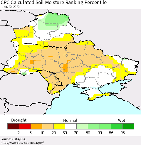 Ukraine, Moldova and Belarus CPC Soil Moisture Ranking Percentile (Leaky Bucket) Thematic Map For 1/16/2020 - 1/20/2020