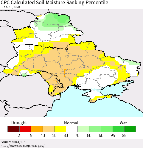 Ukraine, Moldova and Belarus CPC Calculated Soil Moisture Ranking Percentile Thematic Map For 1/26/2020 - 1/31/2020