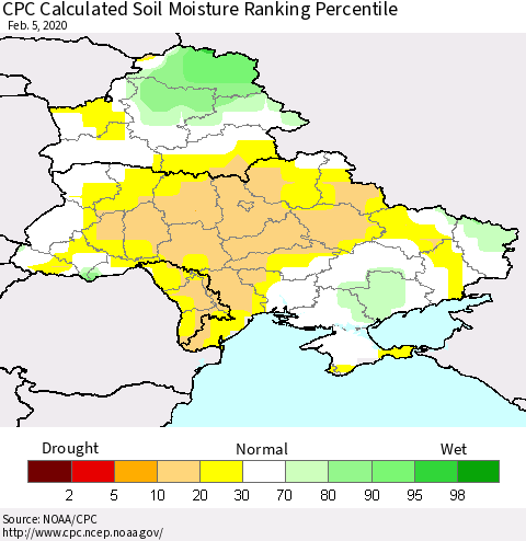 Ukraine, Moldova and Belarus CPC Calculated Soil Moisture Ranking Percentile Thematic Map For 2/1/2020 - 2/5/2020
