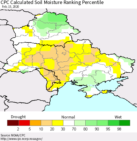 Ukraine, Moldova and Belarus CPC Soil Moisture Ranking Percentile (Leaky Bucket) Thematic Map For 2/11/2020 - 2/15/2020