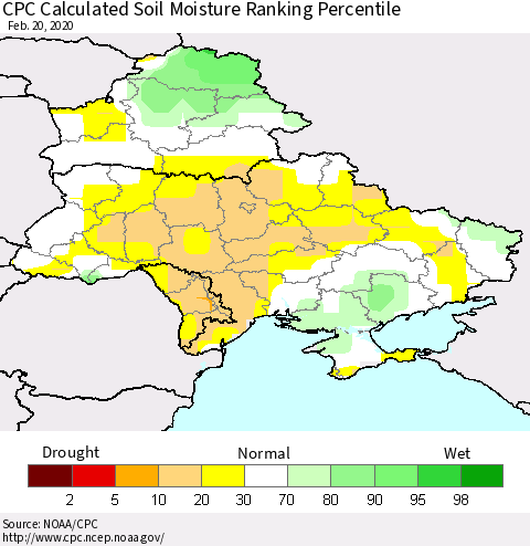 Ukraine, Moldova and Belarus CPC Calculated Soil Moisture Ranking Percentile Thematic Map For 2/16/2020 - 2/20/2020