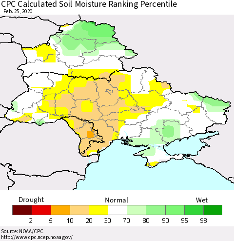 Ukraine, Moldova and Belarus CPC Soil Moisture Ranking Percentile (Leaky Bucket) Thematic Map For 2/21/2020 - 2/25/2020