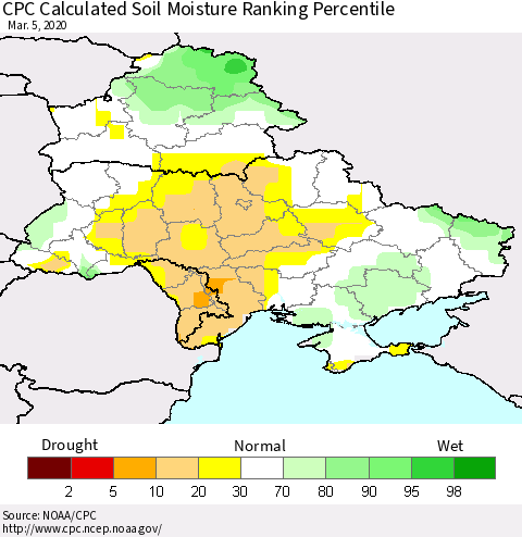 Ukraine, Moldova and Belarus CPC Soil Moisture Ranking Percentile (Leaky Bucket) Thematic Map For 3/1/2020 - 3/5/2020