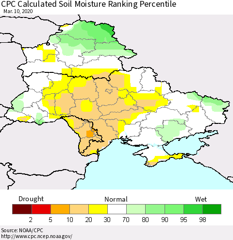 Ukraine, Moldova and Belarus CPC Calculated Soil Moisture Ranking Percentile Thematic Map For 3/6/2020 - 3/10/2020
