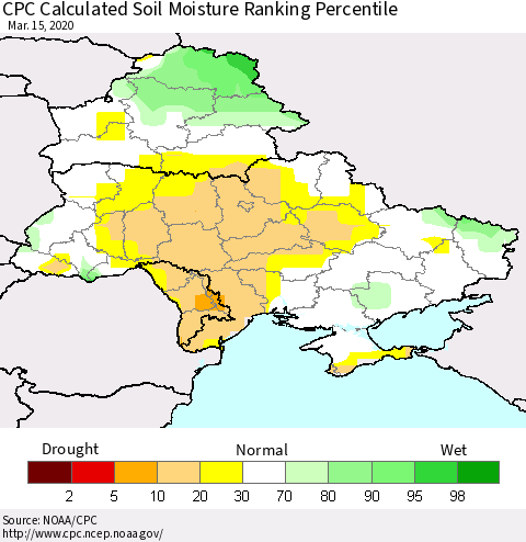 Ukraine, Moldova and Belarus CPC Calculated Soil Moisture Ranking Percentile Thematic Map For 3/11/2020 - 3/15/2020