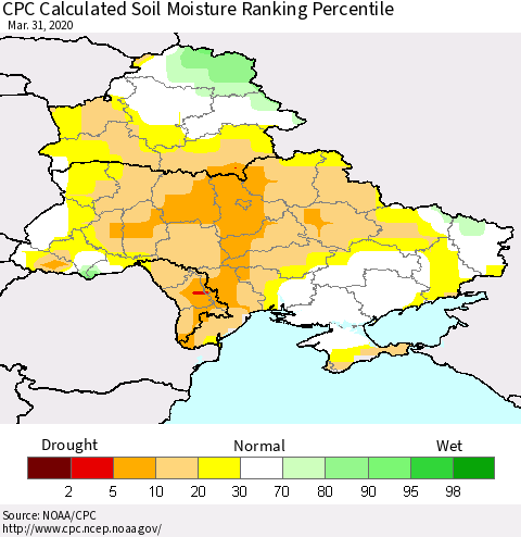 Ukraine, Moldova and Belarus CPC Soil Moisture Ranking Percentile (Leaky Bucket) Thematic Map For 3/26/2020 - 3/31/2020