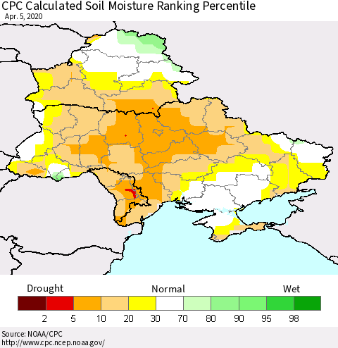 Ukraine, Moldova and Belarus CPC Calculated Soil Moisture Ranking Percentile Thematic Map For 4/1/2020 - 4/5/2020