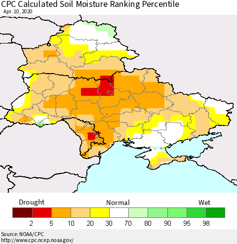 Ukraine, Moldova and Belarus CPC Soil Moisture Ranking Percentile (Leaky Bucket) Thematic Map For 4/6/2020 - 4/10/2020