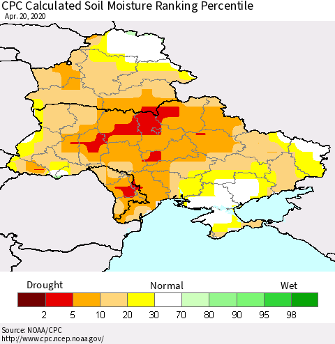 Ukraine, Moldova and Belarus CPC Calculated Soil Moisture Ranking Percentile Thematic Map For 4/16/2020 - 4/20/2020