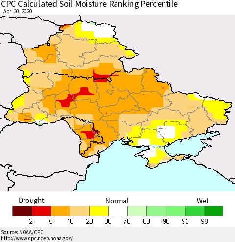 Ukraine, Moldova and Belarus CPC Calculated Soil Moisture Ranking Percentile Thematic Map For 4/26/2020 - 4/30/2020