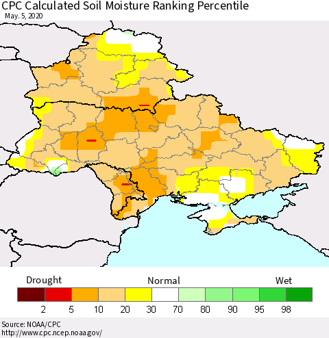 Ukraine, Moldova and Belarus CPC Soil Moisture Ranking Percentile (Leaky Bucket) Thematic Map For 5/1/2020 - 5/5/2020