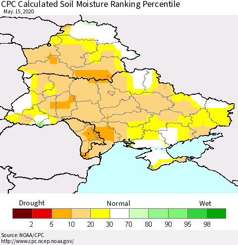 Ukraine, Moldova and Belarus CPC Calculated Soil Moisture Ranking Percentile Thematic Map For 5/11/2020 - 5/15/2020
