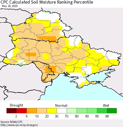 Ukraine, Moldova and Belarus CPC Soil Moisture Ranking Percentile (Leaky Bucket) Thematic Map For 5/16/2020 - 5/20/2020
