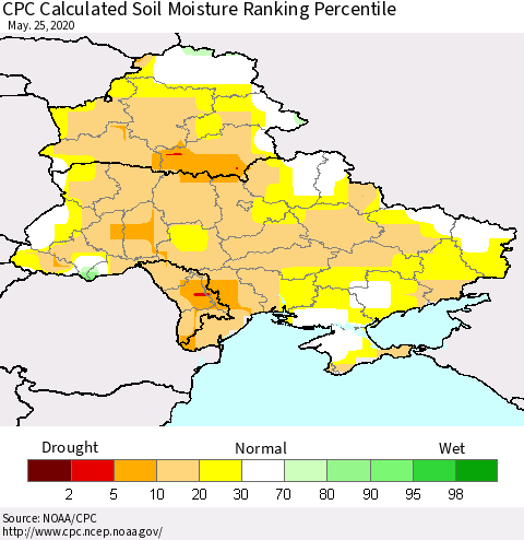 Ukraine, Moldova and Belarus CPC Calculated Soil Moisture Ranking Percentile Thematic Map For 5/21/2020 - 5/25/2020
