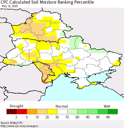 Ukraine, Moldova and Belarus CPC Calculated Soil Moisture Ranking Percentile Thematic Map For 5/26/2020 - 5/31/2020