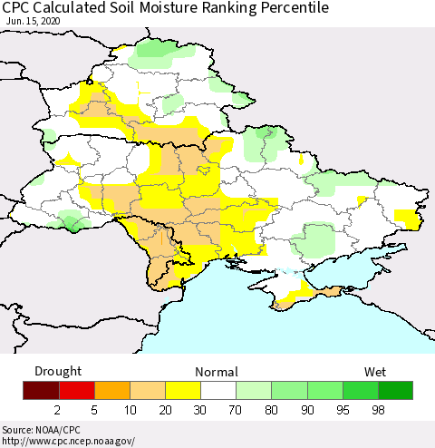 Ukraine, Moldova and Belarus CPC Calculated Soil Moisture Ranking Percentile Thematic Map For 6/11/2020 - 6/15/2020