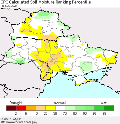 Ukraine, Moldova and Belarus CPC Calculated Soil Moisture Ranking Percentile Thematic Map For 6/16/2020 - 6/20/2020