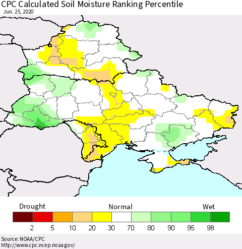 Ukraine, Moldova and Belarus CPC Calculated Soil Moisture Ranking Percentile Thematic Map For 6/21/2020 - 6/25/2020