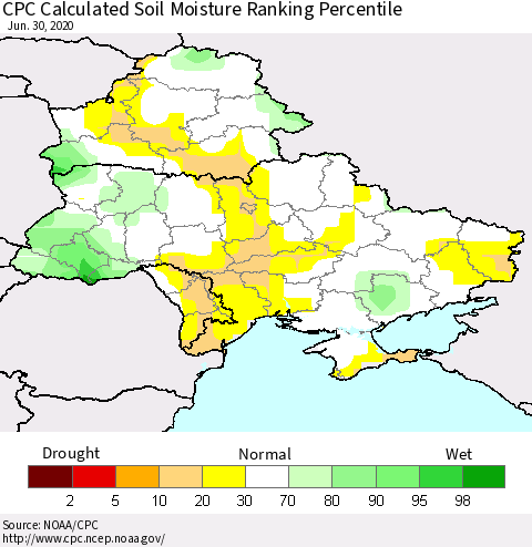 Ukraine, Moldova and Belarus CPC Calculated Soil Moisture Ranking Percentile Thematic Map For 6/26/2020 - 6/30/2020
