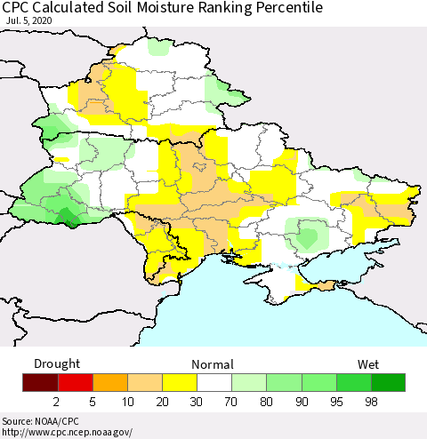 Ukraine, Moldova and Belarus CPC Calculated Soil Moisture Ranking Percentile Thematic Map For 7/1/2020 - 7/5/2020
