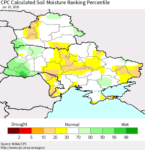 Ukraine, Moldova and Belarus CPC Calculated Soil Moisture Ranking Percentile Thematic Map For 7/6/2020 - 7/10/2020