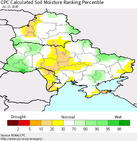 Ukraine, Moldova and Belarus CPC Calculated Soil Moisture Ranking Percentile Thematic Map For 7/11/2020 - 7/15/2020