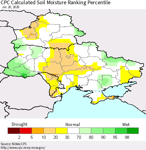 Ukraine, Moldova and Belarus CPC Calculated Soil Moisture Ranking Percentile Thematic Map For 7/16/2020 - 7/20/2020
