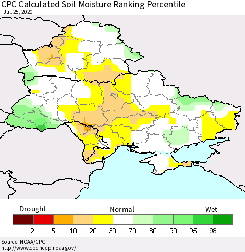 Ukraine, Moldova and Belarus CPC Calculated Soil Moisture Ranking Percentile Thematic Map For 7/21/2020 - 7/25/2020