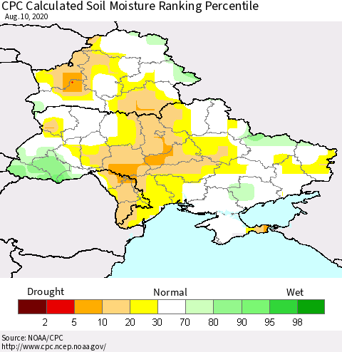 Ukraine, Moldova and Belarus CPC Calculated Soil Moisture Ranking Percentile Thematic Map For 8/6/2020 - 8/10/2020