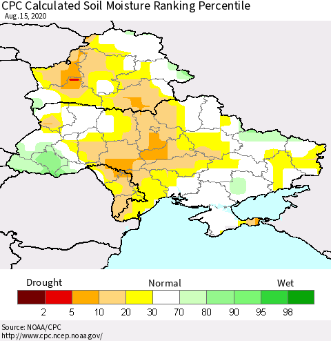 Ukraine, Moldova and Belarus CPC Calculated Soil Moisture Ranking Percentile Thematic Map For 8/11/2020 - 8/15/2020