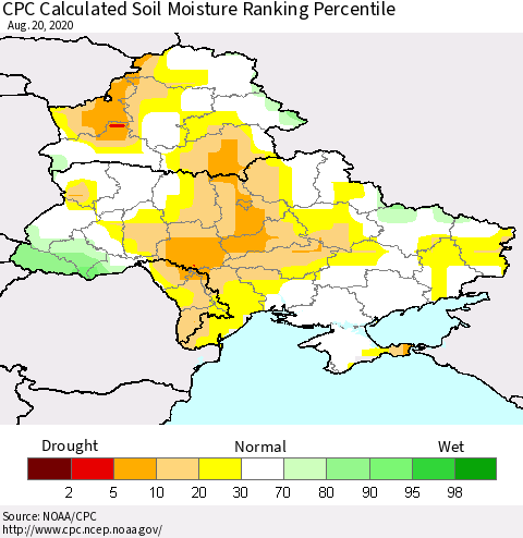 Ukraine, Moldova and Belarus CPC Calculated Soil Moisture Ranking Percentile Thematic Map For 8/16/2020 - 8/20/2020