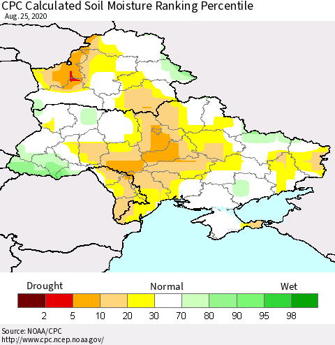 Ukraine, Moldova and Belarus CPC Calculated Soil Moisture Ranking Percentile Thematic Map For 8/21/2020 - 8/25/2020