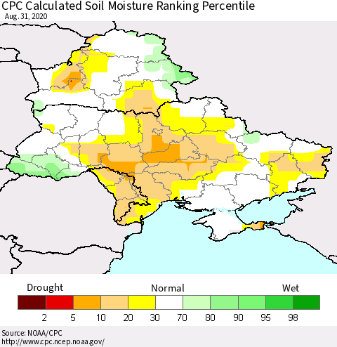 Ukraine, Moldova and Belarus CPC Calculated Soil Moisture Ranking Percentile Thematic Map For 8/26/2020 - 8/31/2020