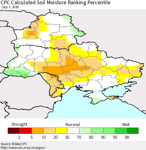 Ukraine, Moldova and Belarus CPC Calculated Soil Moisture Ranking Percentile Thematic Map For 9/1/2020 - 9/5/2020