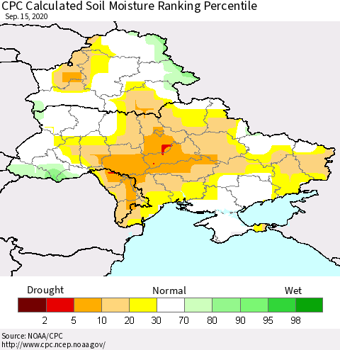Ukraine, Moldova and Belarus CPC Calculated Soil Moisture Ranking Percentile Thematic Map For 9/11/2020 - 9/15/2020