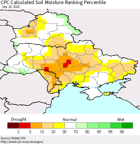Ukraine, Moldova and Belarus CPC Calculated Soil Moisture Ranking Percentile Thematic Map For 9/16/2020 - 9/20/2020