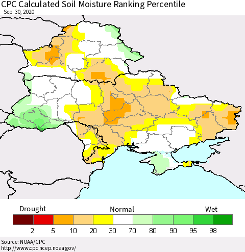Ukraine, Moldova and Belarus CPC Calculated Soil Moisture Ranking Percentile Thematic Map For 9/26/2020 - 9/30/2020