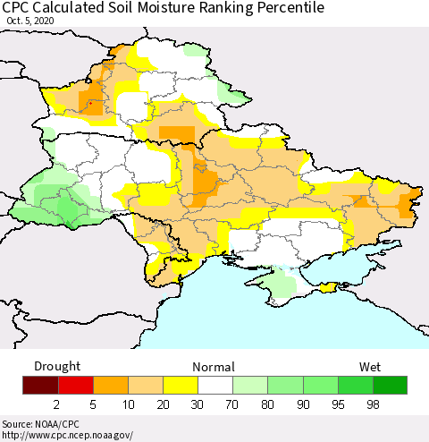 Ukraine, Moldova and Belarus CPC Soil Moisture Ranking Percentile (Leaky Bucket) Thematic Map For 10/1/2020 - 10/5/2020