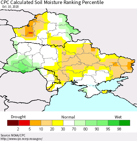 Ukraine, Moldova and Belarus CPC Calculated Soil Moisture Ranking Percentile Thematic Map For 10/6/2020 - 10/10/2020
