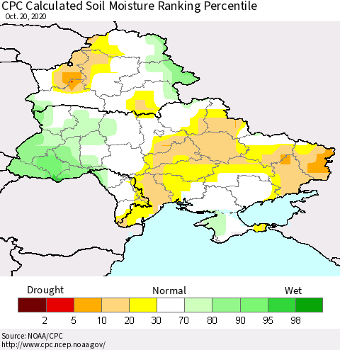 Ukraine, Moldova and Belarus CPC Calculated Soil Moisture Ranking Percentile Thematic Map For 10/16/2020 - 10/20/2020