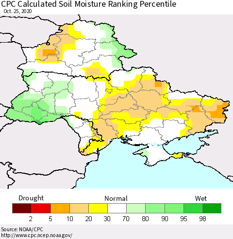 Ukraine, Moldova and Belarus CPC Calculated Soil Moisture Ranking Percentile Thematic Map For 10/21/2020 - 10/25/2020