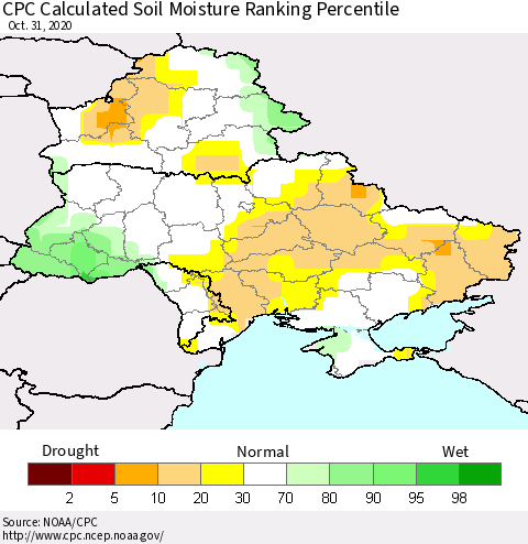 Ukraine, Moldova and Belarus CPC Calculated Soil Moisture Ranking Percentile Thematic Map For 10/26/2020 - 10/31/2020