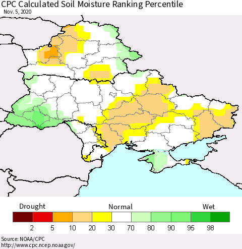 Ukraine, Moldova and Belarus CPC Soil Moisture Ranking Percentile (Leaky Bucket) Thematic Map For 11/1/2020 - 11/5/2020